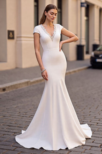 Ivory Mermaid V Neck Cap Sleeves Wedding Dress